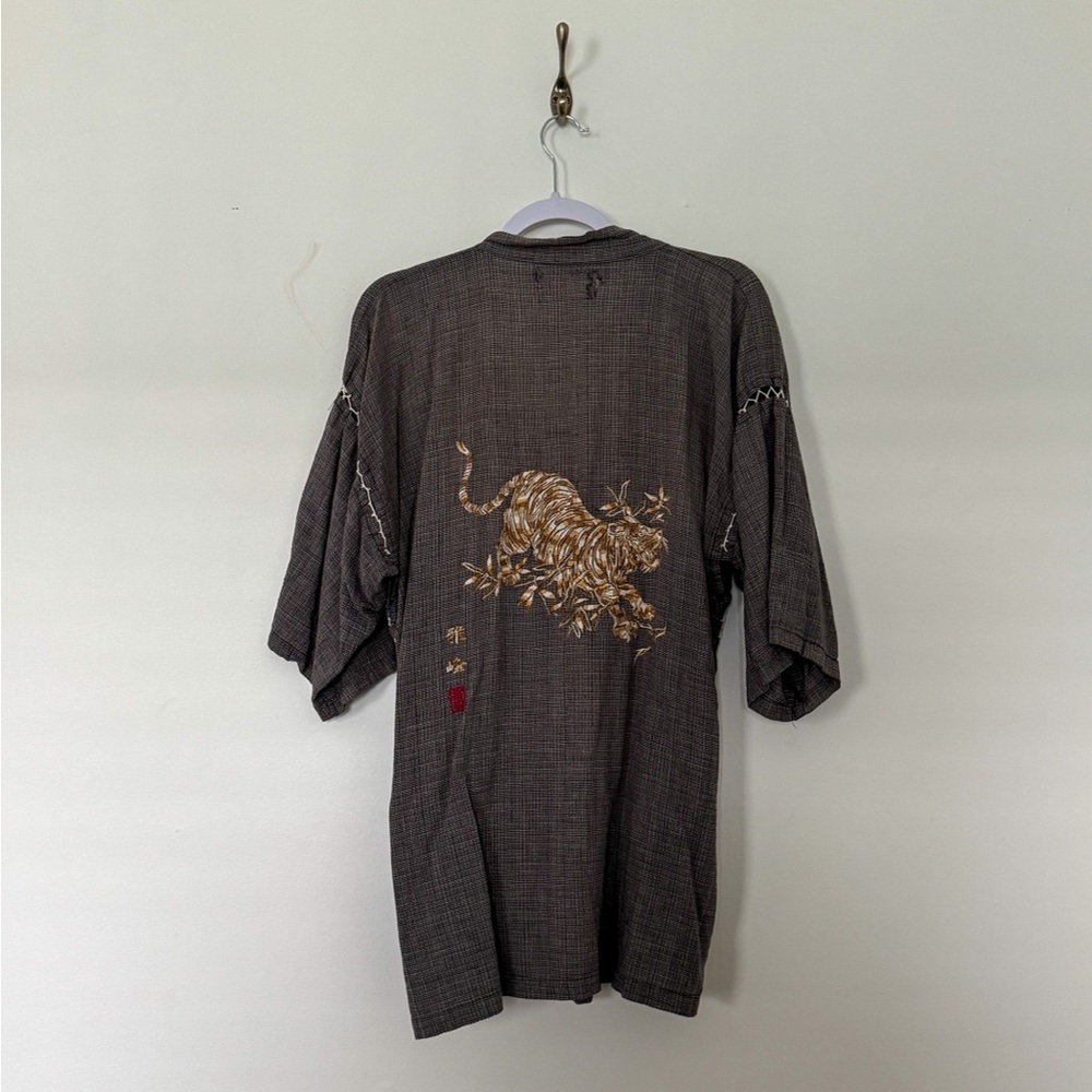 Vintage Gray Kimono with Embroidered Tiger Details